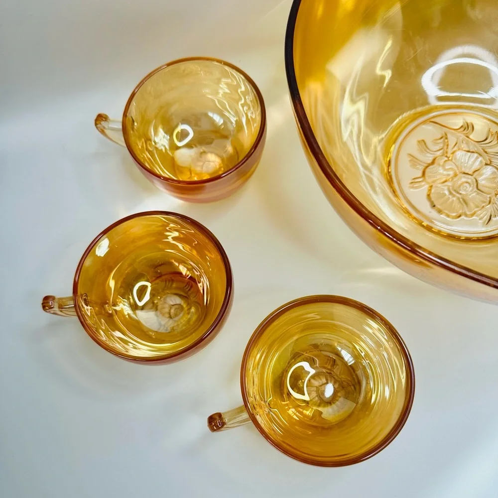 1950s Jeanette Glass Marigold Carnival Glass Egg Nog Punch Bowl and Cup Set